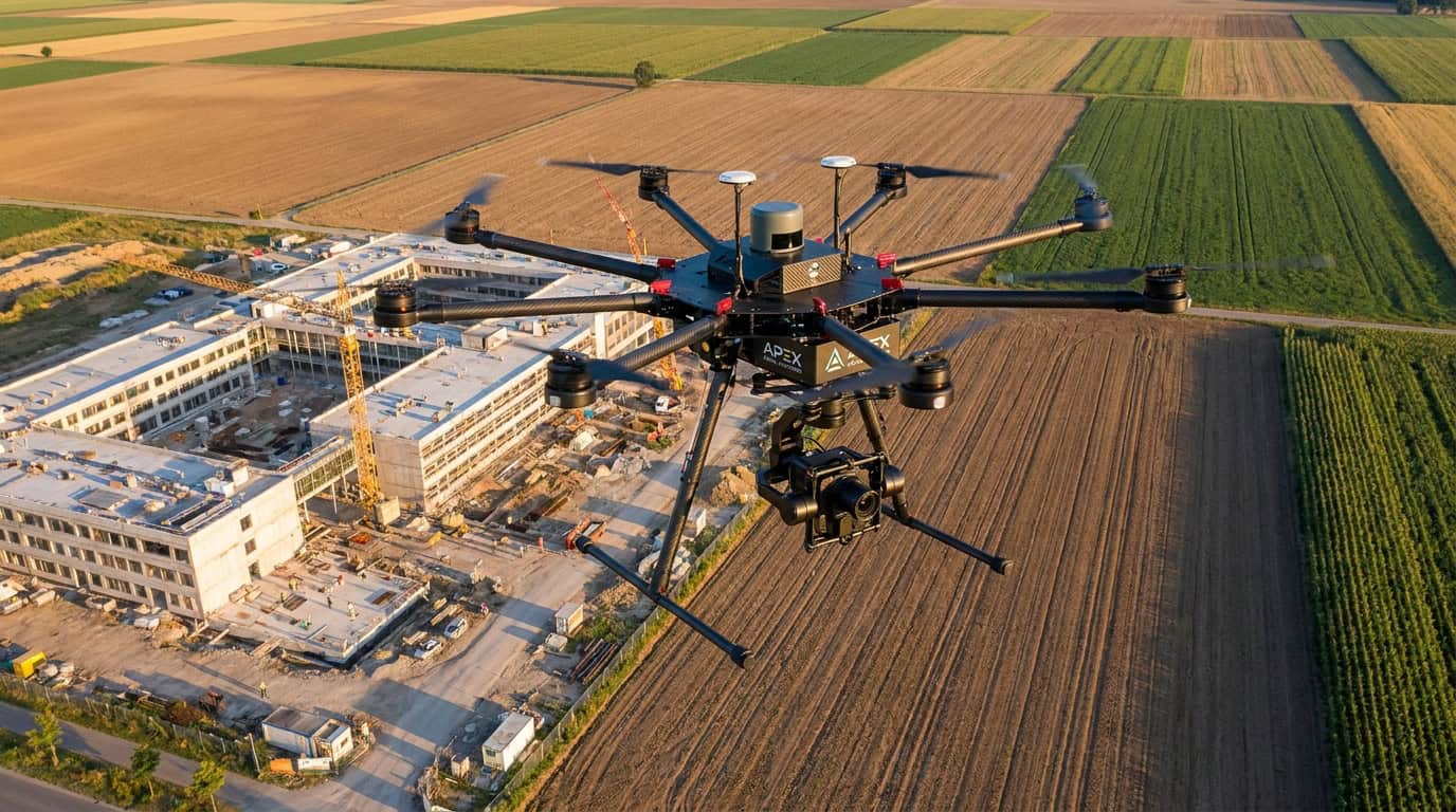 Dron do zdjęć i filmów z powietrza nad polami i budynkami.