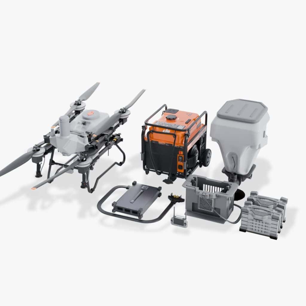 DJI Agras T55. Zestaw nowoczesnych urządzeń rolniczych DJI na polu.